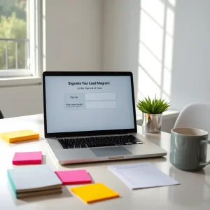 header Modern desk with laptop showing lead magnet signup page and checklist