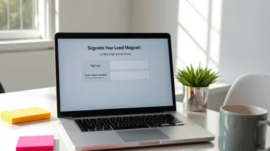Modern desk with laptop showing lead magnet signup page and checklist