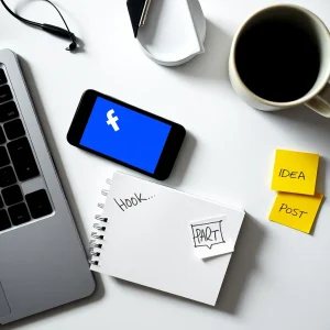 header Smartphone with Facebook open, surrounded by post-planning notes and coffee mug on a desk