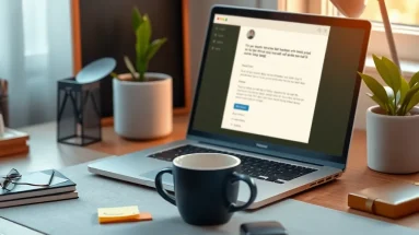 Home office setup with laptop and coffee, representing email types that build trust