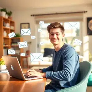 header Person using free email list building techniques on a laptop in a cozy home office
