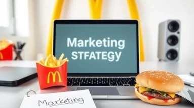 McDonald’s food next to laptop and marketing notes on a desk