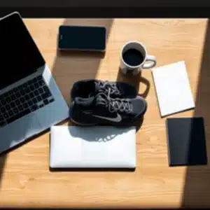 Runner’s shoes and laptop symbolizing growth lessons from Shoe Dog and Internet Profit Success.
