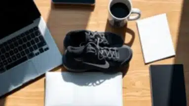 Runner’s shoes and laptop symbolizing growth lessons from Shoe Dog and Internet Profit Success.