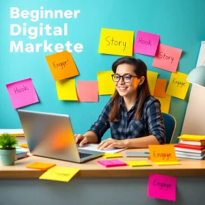 Newbie marketer brainstorming story hooks at a desk filled with notes.