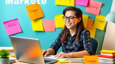 Newbie marketer brainstorming story hooks at a desk filled with notes.