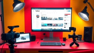 YouTube creator desk setup with editing tools and bright visual elements inspired by Mr Beast YouTube growth strategy