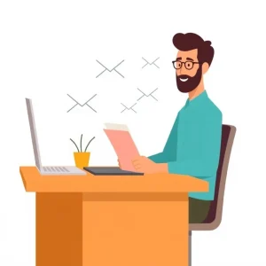 header A cheerful person writing emails with an automated welcome sequence flow above their desk