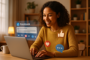 Person using Facebook at home with icons for likes, comments, and shares — representing engagement tricks for social media.