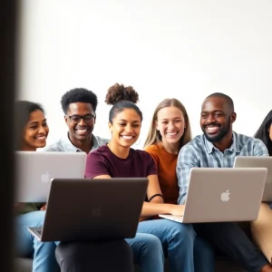 header Diverse group of people building online relationships through laptops, symbolizing internet marketing and trust