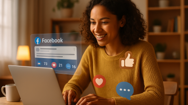 Person using Facebook at home with icons for likes, comments, and shares — representing engagement tricks for social media.