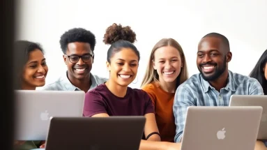 Diverse group of people building online relationships through laptops, symbolizing internet marketing and trust