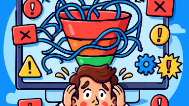 New marketer overwhelmed by funnel mistakes in a messy sales funnel diagram