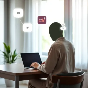 header Faceless creator working online surrounded by digital income icons