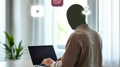 Faceless creator working online surrounded by digital income icons