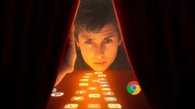 Curious person discovering hidden online traffic sources behind a curtain