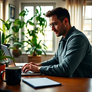 header Person building authority online without a website from a home office using a laptop.