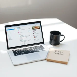 header Person working on laptop developing daily email list growth habits in a bright home office.