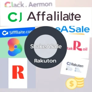 Illustration of popular affiliate networks like CJ, ShareASale, and Rakuten with icons for commission comparison and search filters