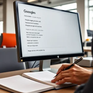 1091125 Person researching content ideas using Google autocomplete and 'People also ask', an effective method for beginners.