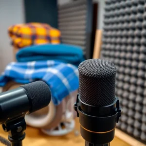 1101125 Microphone setup with soundproofing for better video audio quality"