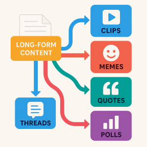 Visual of content repurposing strategy showing how one post can be split into multiple formats
