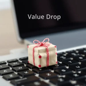 Small wrapped gift on a desk symbolizing free value shared via email.