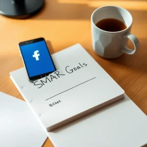 Notebook showing SMART goals with Facebook app nearby
