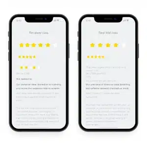 Two short product review cards showing ratings and quick summaries for smartphone cases.