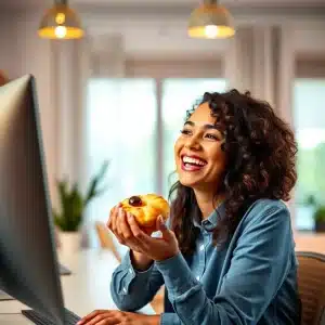 2011225 Beginner online marketer celebrating a small win with a pastry at their desk