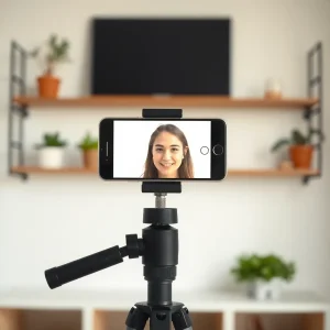 2101125 Smartphone set up at eye level with professional lighting and clean background