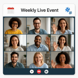 2131125 Weekly virtual event with fans attending live, building community rituals.