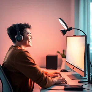 2151125 Affiliate beginner using ring light and webcam for video content creation