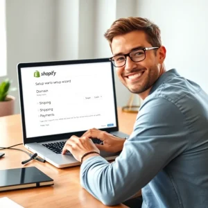 2171125 Shopify store setup in progress with domain and shipping options