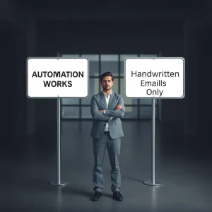 Polarizing marketing strategies to stand out online; image shows conflict between automation and authenticity.
