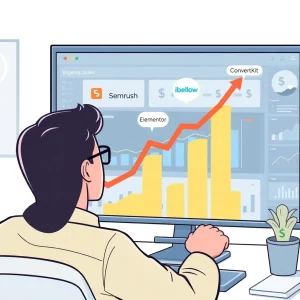 A person reviewing analytics from tools like Semrush and ConvertKit, representing recurring SaaS commissions.
