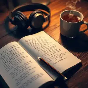 Notebook with personal review notes and a pair of noise-cancelling headphones.”
