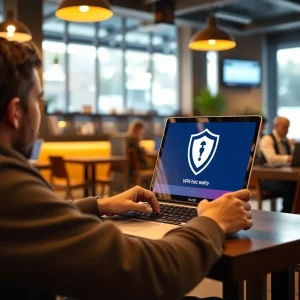 A digital nomad in a cafe using a laptop protected by a VPN, symbolizing online privacy and affiliate opportunities
