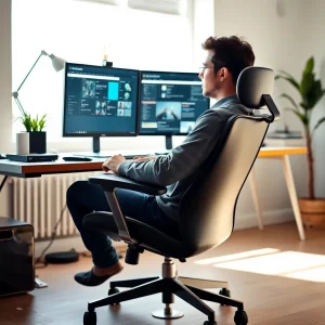 4151125 Affiliate marketer sitting in ergonomic chair for comfort during content creation.