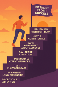 Illustration of beginner marketer climbing steps labeled with Gary Vee marketing hacks to reach Internet Profit Success.
	
