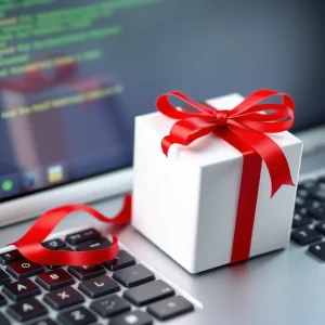 Digital bonus concept with a gift box near a keyboard
