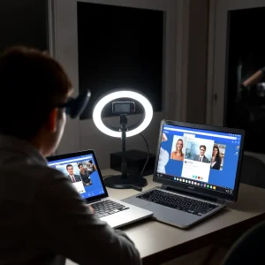 Person hosting a Facebook Live video from home setup
