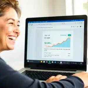 Happy user viewing successful email campaign stats with high open rate
