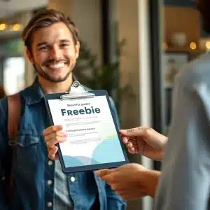  Friendly person offering a valuable free checklist as a free gift to build trust and reciprocity.
