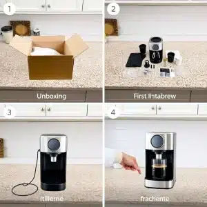 Unboxing steps of a coffee machine showing initial setup and first use.
