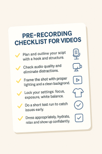 5101125 Printable summary of a pre-recording checklist for videos with icons and tasks