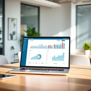 Website analytics dashboard on laptop showing upward growth trend