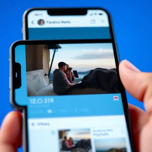 facebook Reels video playing on a phone with likes and views.