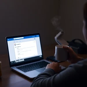 Late-night Facebook post being scheduled on a laptop.