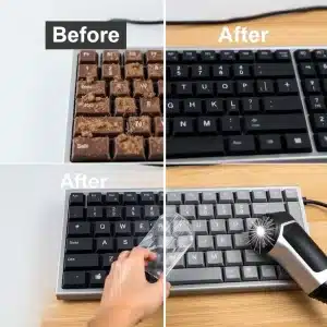 Comparison showing before and after results of cleaning a keyboard.